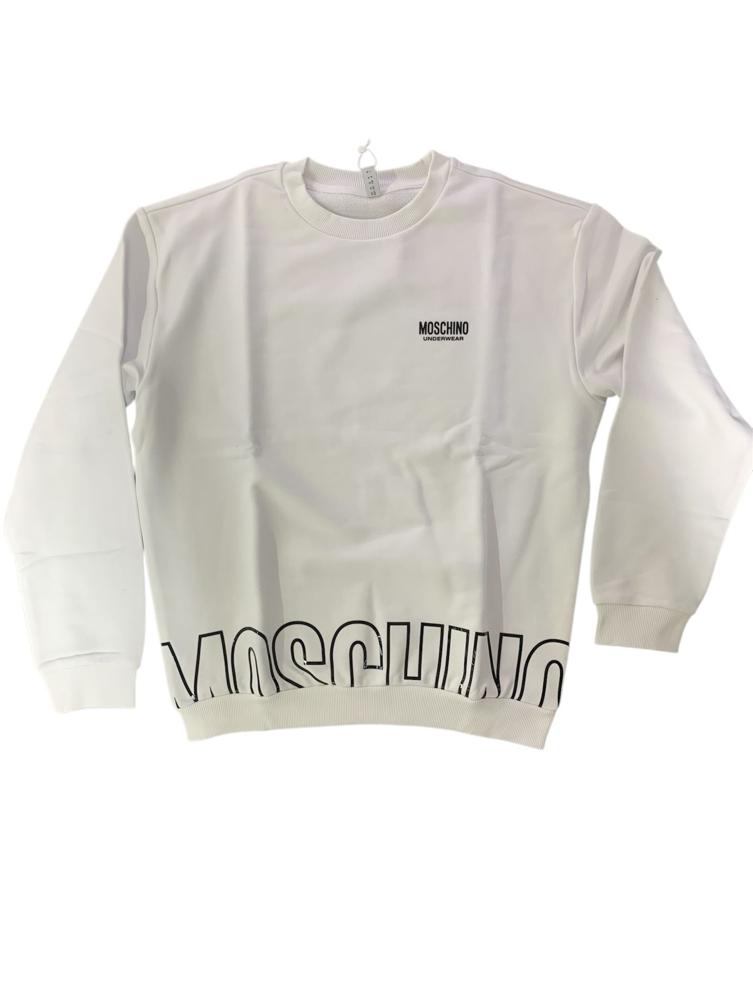 Moschino Felpa Cotone Garzato Bianco Logo Nero Uomo