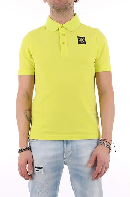 Blauer Polo Piquet Giallo Fluo Logo Nero Uomo