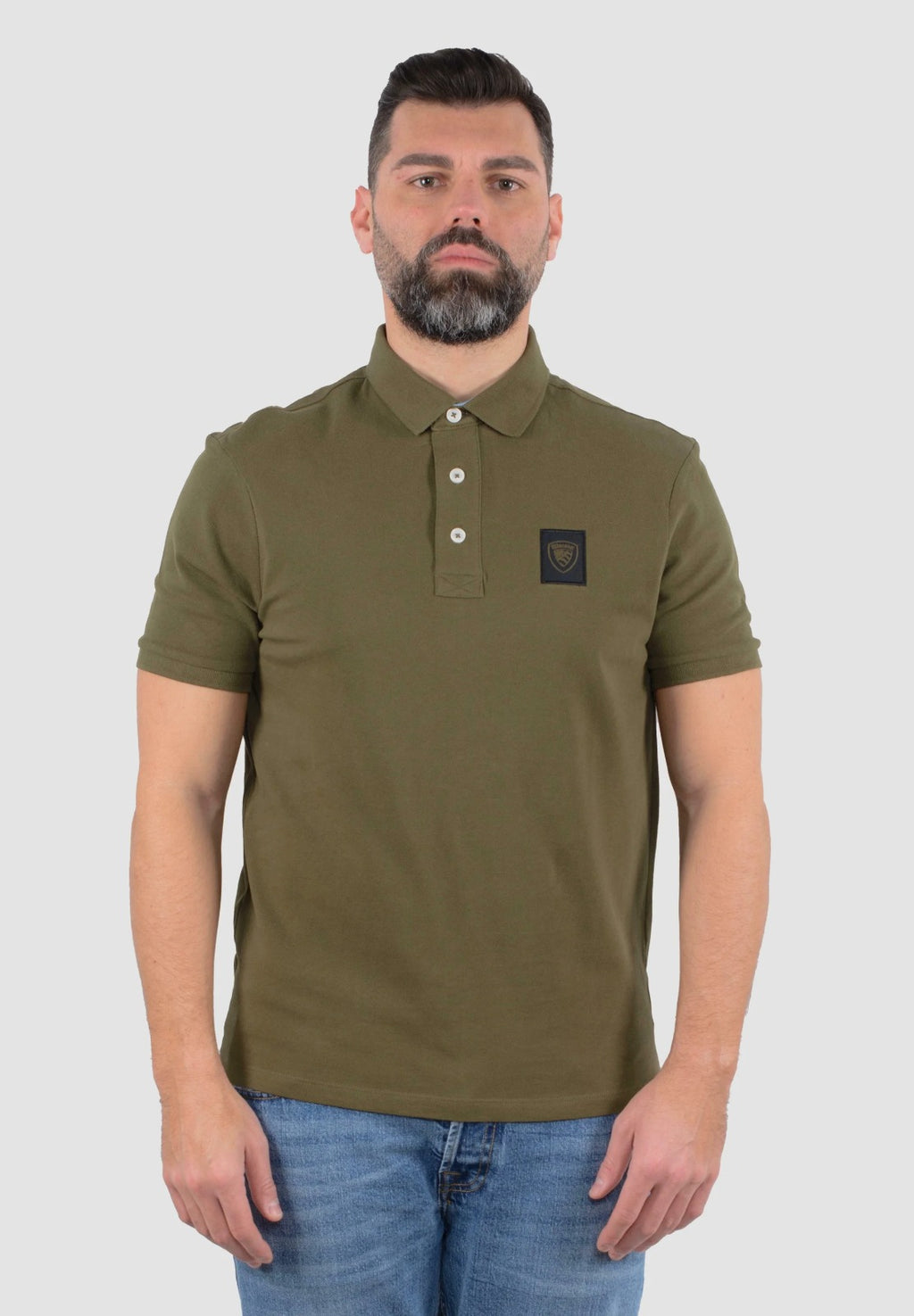 Blauer Polo Piquet Verde Logo Nero Uomo