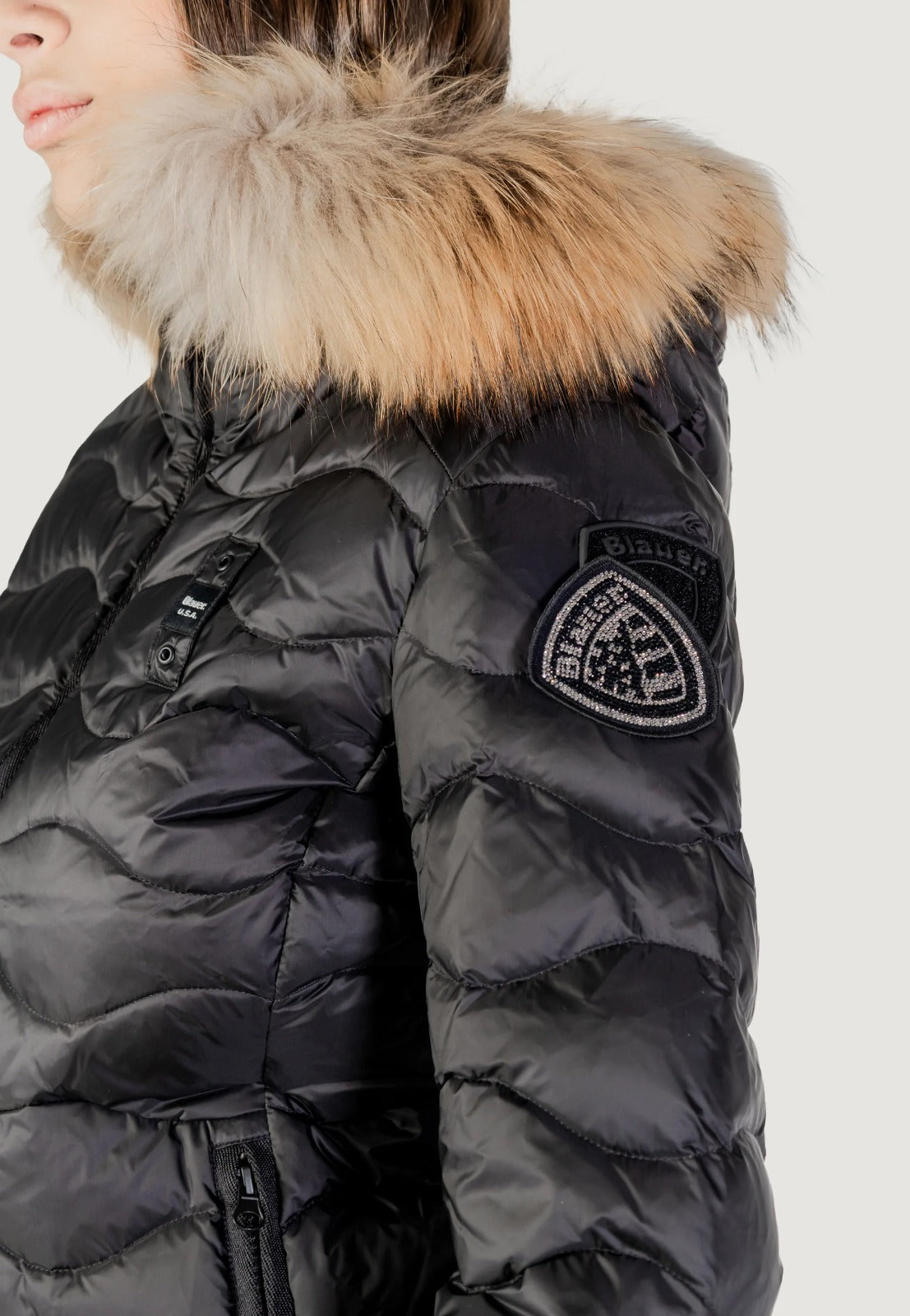 Blauer Aldie Piumino Donna con Pelliccia nero ad onde