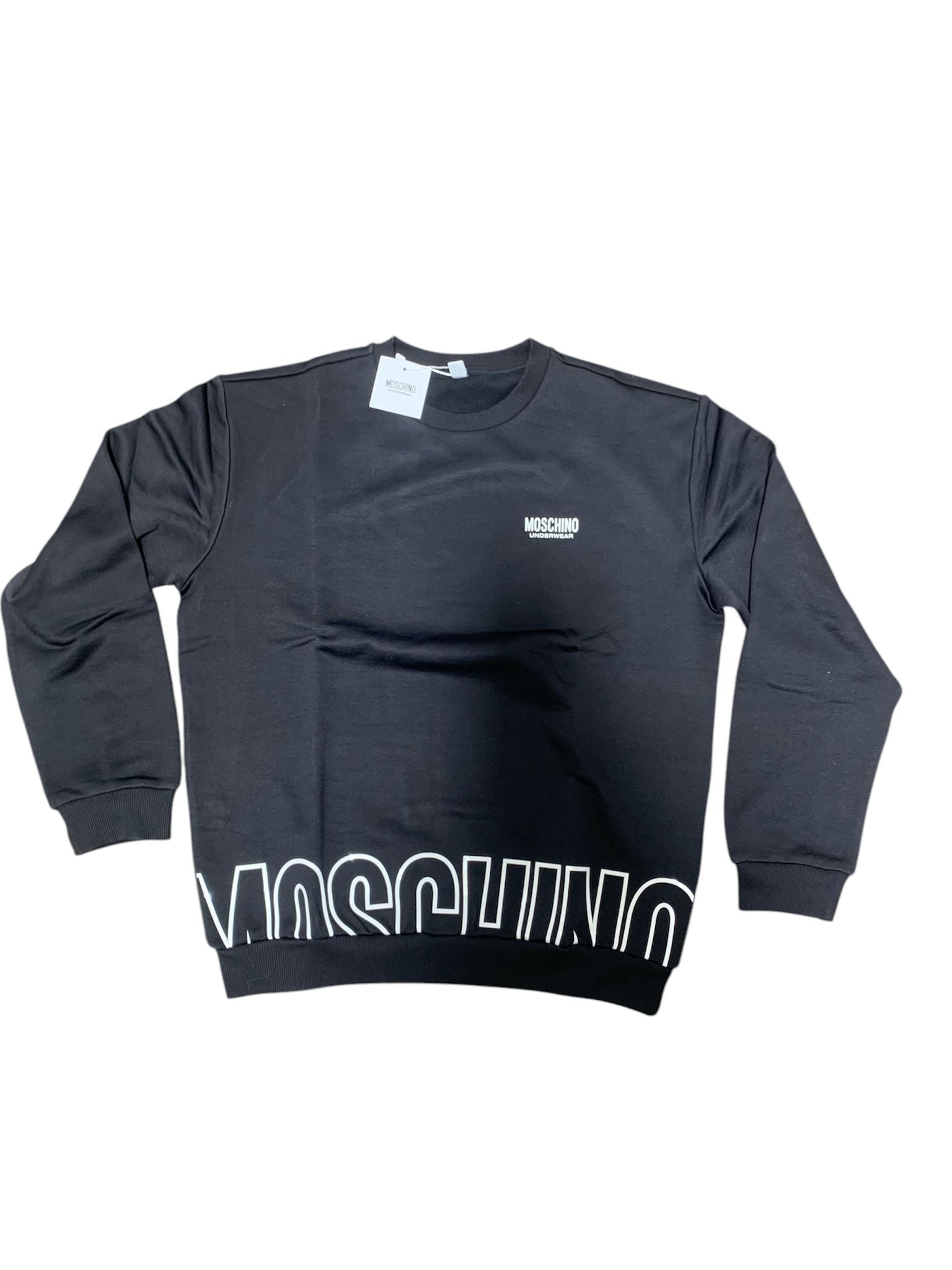 Moschino Felpa Cotone Garzato Nera Logo Bianco Uomo