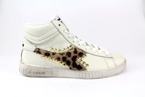 Diadora Game High Sneakers Customized Bianco Leopardata Borchie Vintage