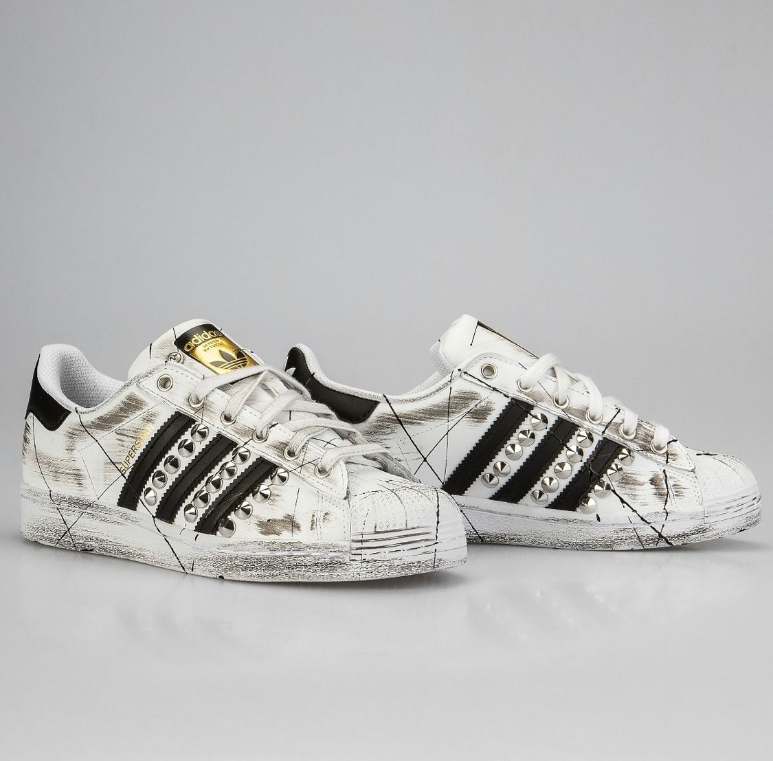 Adidas Superstar Bianche Vintage Borchie Argento Effetto Invecchiato [Handmade]
