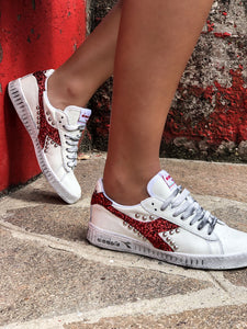 Diadora Low Sneakers Customized Glitter Rosso Borchie