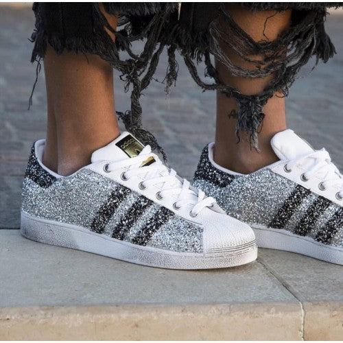 Adidas Superstar Glitter Argento Bande Nere Brillantini