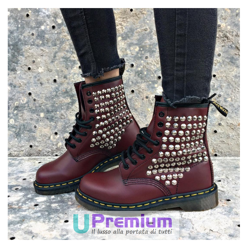 Dr. Martens Bordeaux Borchie Argento Full 1460 Prodotto Personalizzat UPremium